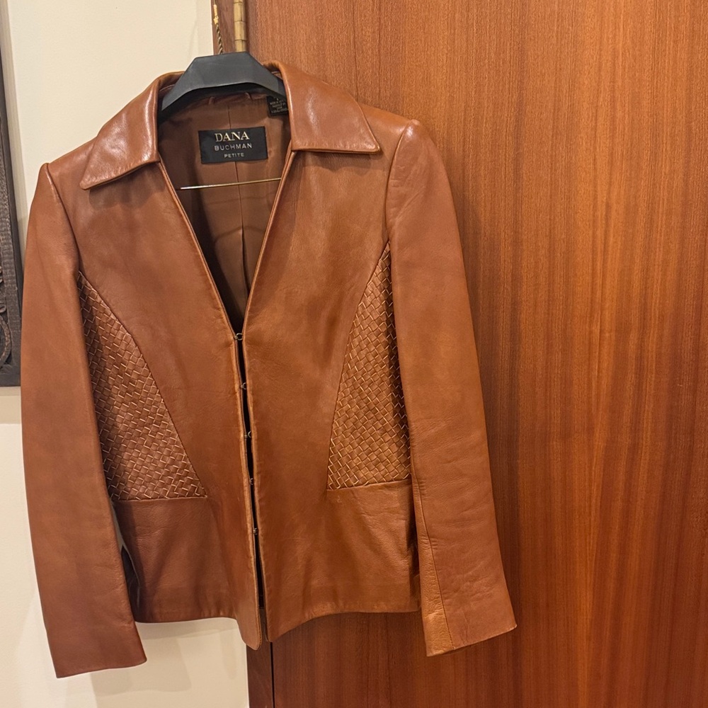 Dana Buchman Brown Lightweight Leather Jacket/Blazer with Woven Details